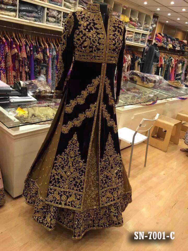 BEAUTEOUS BLACK DESIGNER INDIAN WOMEN TRADITIONAL FASHION VELVET FABRIC OCCASIONALLY PARTY COLLECTION ANARKALI WEDDING WEAR BRIDAL DRESS SINGLE PIECE WHOLESALER FROM SURAT AT BEST PRICE